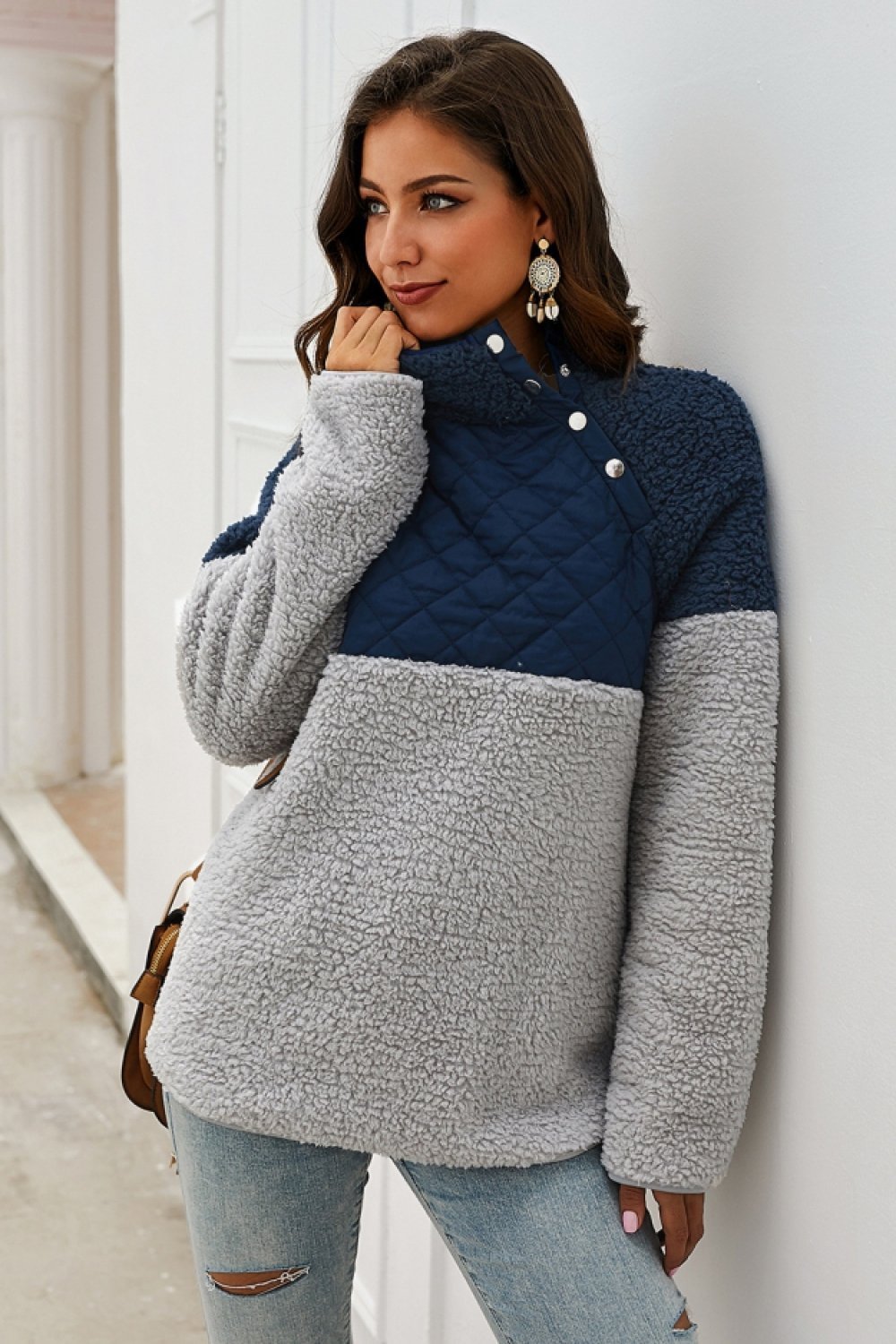 Women, high neck buttons plush sweater