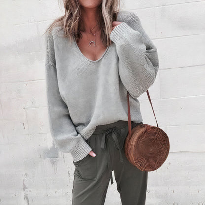 Loose V-neck knitted top sweater - Kalyn