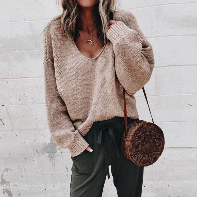 Loose V-neck knitted top sweater - Kalyn