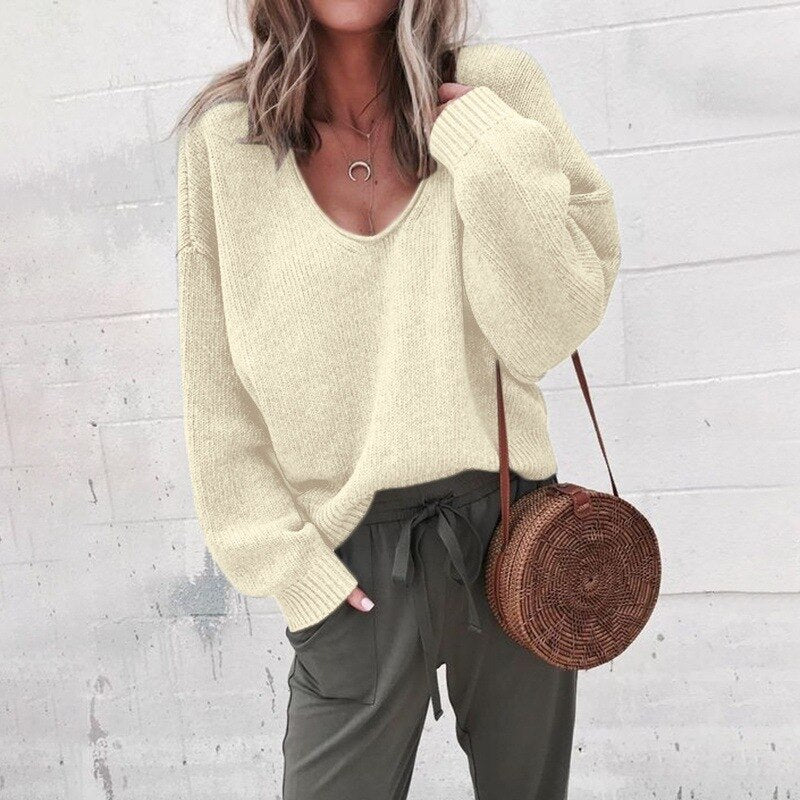 Loose V-neck knitted top sweater - Kalyn