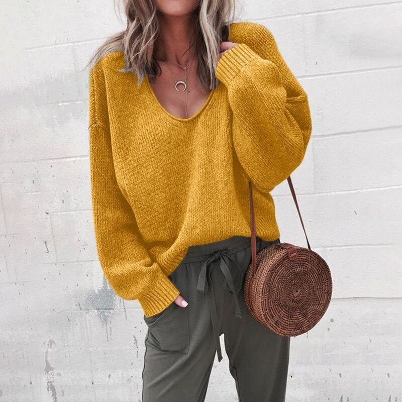 Loose V-neck knitted top sweater - Kalyn